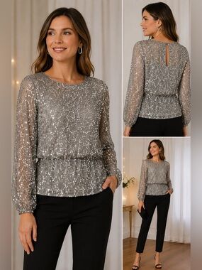 Adrianna Papell silver sequined long-sleeve blouse, Size 8